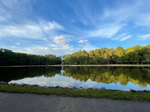 A calm lake in Cary, NC with pine trees and a blue sky reflected in the water